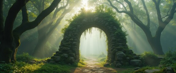 Stone archway shrouded in mist leads into a lush green forest illuminated by soft sunlight