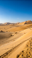 Desert landscape with sand dunes and clear blue sky, clean composition