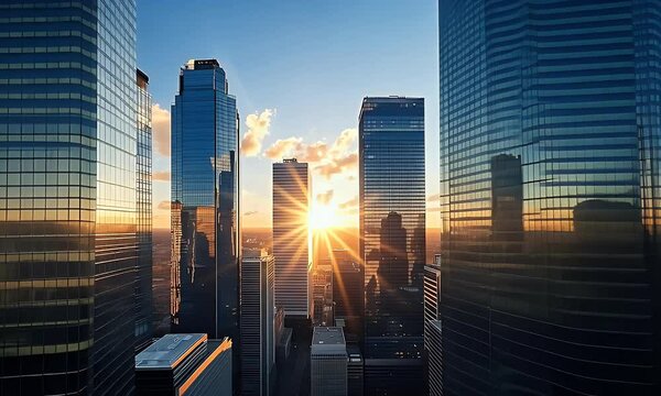 Sunlight shines through modern skyscrapers in a city center at sunrise, casting reflections on the glass buildings and creating a vibrant urban skyline under a partly cloudy sky.