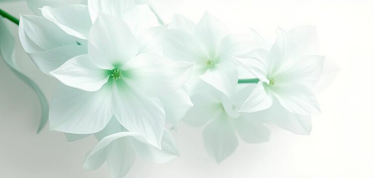 Ethereal white and teal translucent flowers, flowing petals, pristine white background, elegant, serene