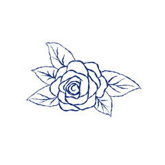 Vector illustration of a blooming rose flower with surrounding leaves. Drawn in blue outline style, perfect for botanical prints, branding, wedding decor, and packaging design.