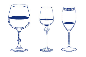 Vector illustration of three decorative wine glasses in different shapes and styles. Blue outline drawing perfect for wine branding, packaging, invitations, or elegant event decor.