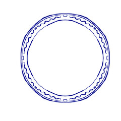 Round decorative frame with wavy border, blue outline sketch