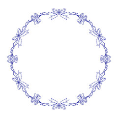 Round ribbon frame with bows, blue outline ornamental sketch