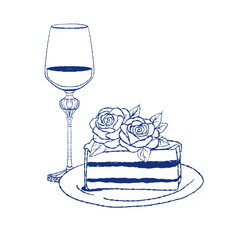 Slice of cake with roses and wine glass, blue outline vector illustration