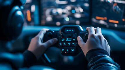 Hands on a futuristic steering wheel with digital controls
