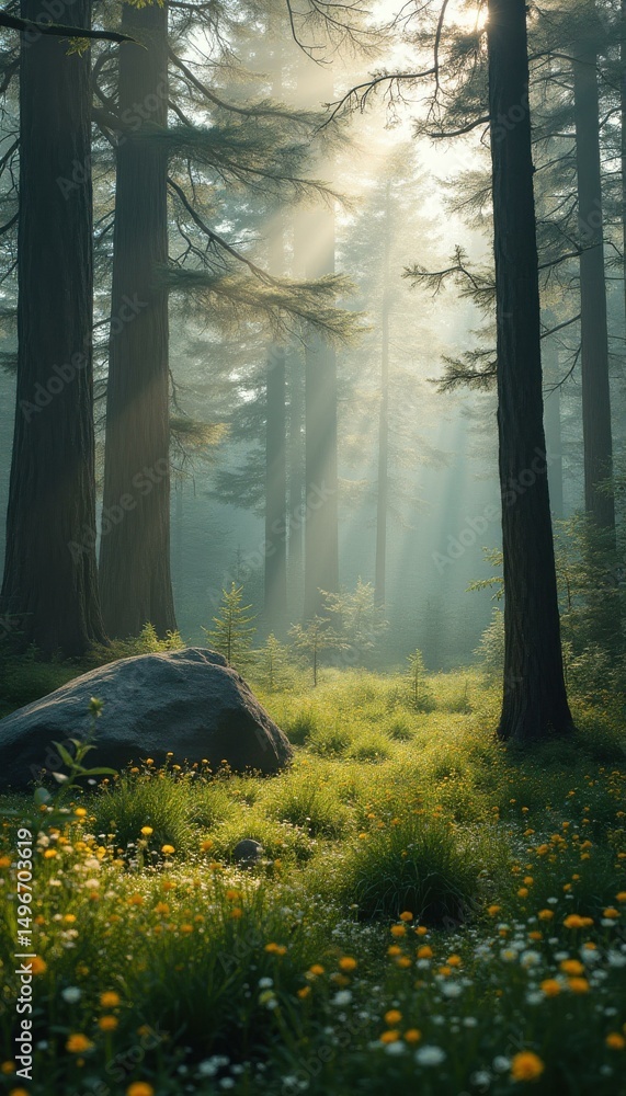 Poster sunlight filters through misty forest of towering trees, illuminating lush meadow with wildflowers a