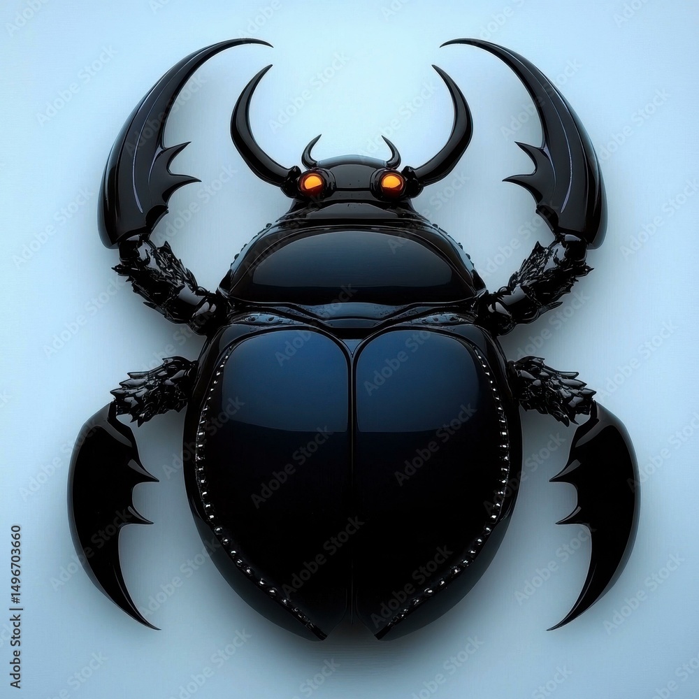 Poster gleaming black scarab beetle with intricate claws and horns against a soft blue backdrop, featuring 