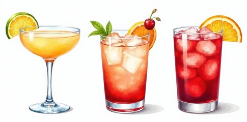 Hand painted watercolor cocktails Margarita, Bellini, Daiquiri, Bloody Mary Perfect for menus , isolated, illustration