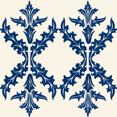 White and blue damask pattern, hand drawn Damask pattern, European classic design,luxurious pattern,Symmetrical motif,Floral geometric patterns,Vintage European 