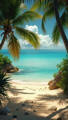 Fototapeta premium Tropical beach scene with turquoise water, palm trees, white sand, and scattered rocks under a clear blue sky with fluffy clouds