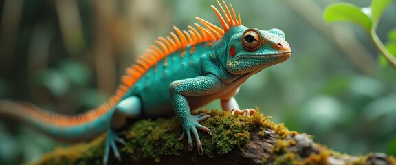 Fototapeta premium Vibrant Iguana Portrait on Mossy Branch in Lush Rainforest