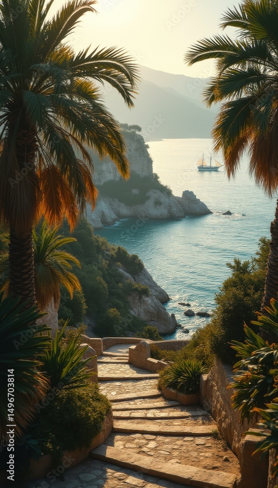 Poster Palm Trees Frame a Coastal View with Sailboat and Stone Pathway on Cliffs