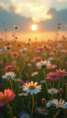 Obraz premium Dreamy meadow flowers at sunset with daisy petals and golden light enhancing the field's delicate beauty