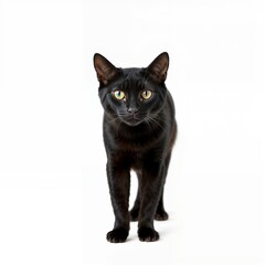 Sleek Black Cat with Golden Eyes on White Background -AI Generated