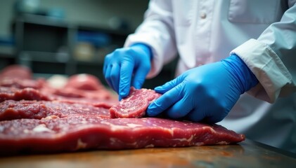 Meat processing worker's protective gear Close-up of gloves and suit , viral barrier, industrial