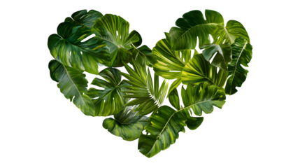 A tropical leaf pattern arranged into a heart shape, isolated on Transparent Background