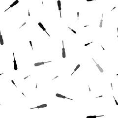 Seamless vector pattern with a screwdriver symbols, creating a creative monochrome background with rotated elements. Illustration on transparent background