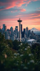 Futuristic spire dominates urban skyline under colorful sunrise amidst lush vegetation and distant snow-capped peak.