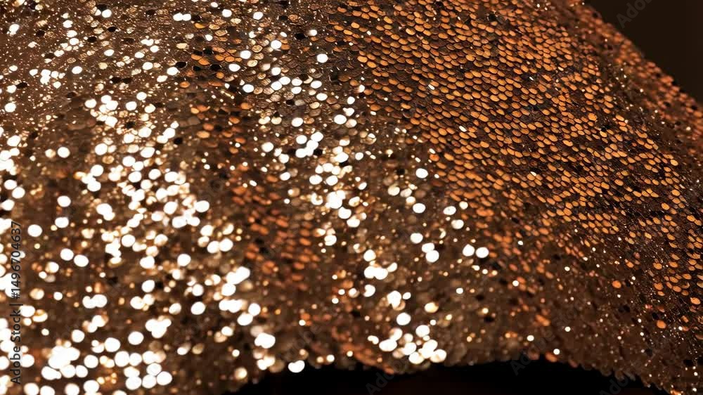 Poster close-up shot of a shimmering metallic gold sequin fabric, with texture and light reflecting off of 