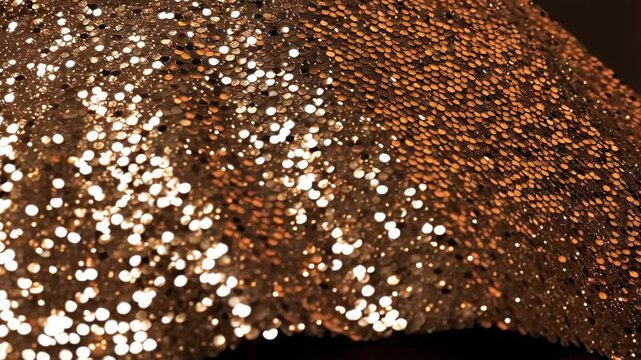 Close-up shot of a shimmering metallic gold sequin fabric, with texture and light reflecting off of each of the individual sequins