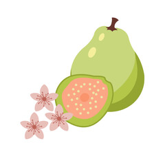 Guava fruit, whole and cut in half