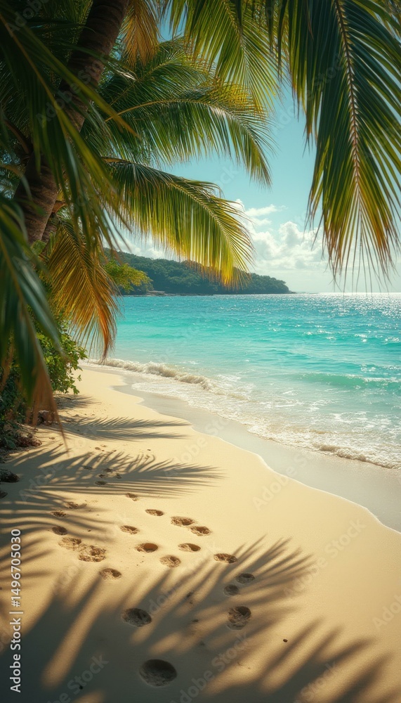 Poster turquoise sea gently washes over a pristine, sandy beach fringed with lush palm trees casting dapple