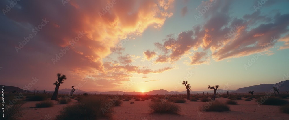 Aufkleber sunset in the desert with silhouettes of joshua trees under a sky ablaze with vibrant red and orange