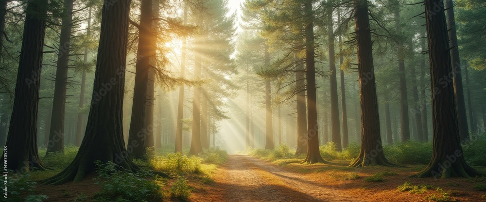 Aufkleber Sunlight through tall trees illuminates a serene forest path, creating a peaceful and scenic atmosphere