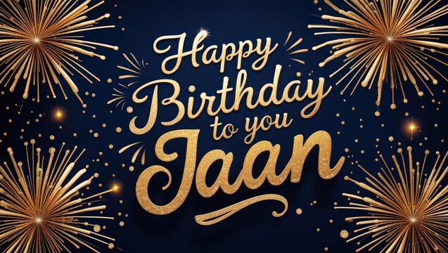 Happy birthday to you jaan greeting card with golden fireworks on a dark blue background design