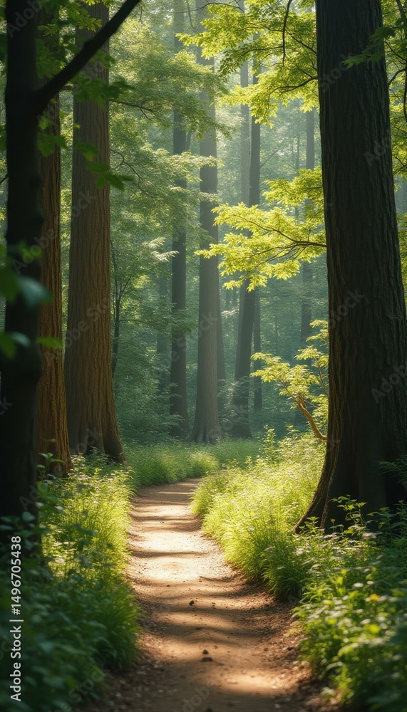 Aufkleber sun-drenched path through a lush green forest with towering trees and abundant foliage