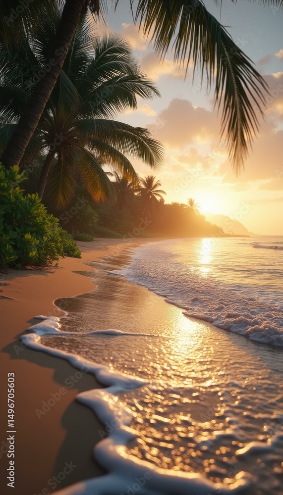 Aufkleber tropical beach with palm trees during a golden sunset, gentle waves lapping the shore, creating a tr