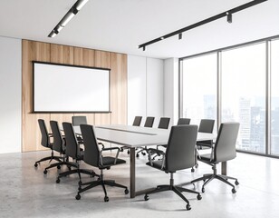 Fototapeta premium Blank screen in a light modern conference room without people.