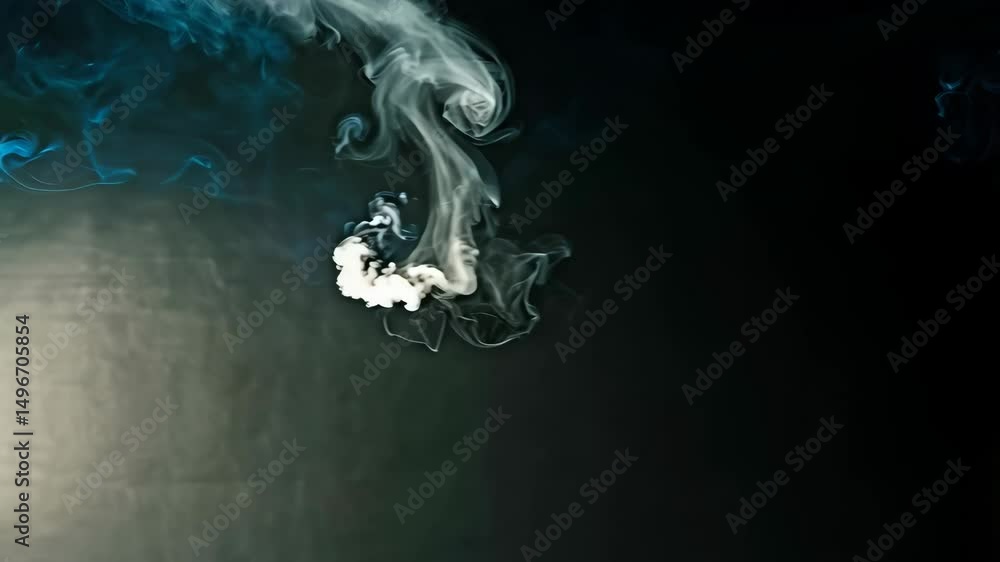 Poster swirling tendrils of white and teal smoke gracefully flow against a dark backdrop, creating an abstr