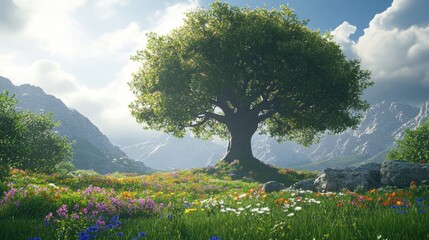 Majestic tree in a vibrant meadow at the foot of mountains