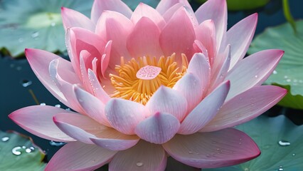 Pink Lotus Flower Blooming on a Calm Pond with Green Lily Leaves. surrounded by green foliage and softly lit by natural light, evoking tranquility, beauty, and the purity of nature.
