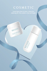 Cosmetic product ads template on blue background with heart shape plate and ribbon.