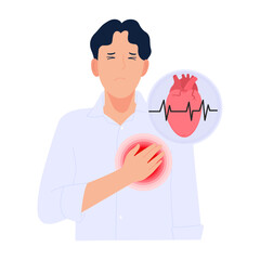 Vector illustration of man with red warning sign on chest, feeling sudden severe pain, heart and pulse, heart disease, flat design on isolated white background.