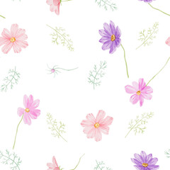 Seamless pattern of cosmea flowers. Hand-drawn watercolor illustration of purple-pink plants on white background. Abstract pattern for printing on fabric, clothes, wallpapers, wrap paper package, etc.