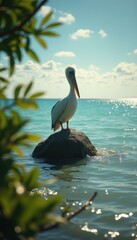Pelican perched on a rock amidst turquoise sea under a bright sky, with green foliage framing the scene, creating a serene coastal view.