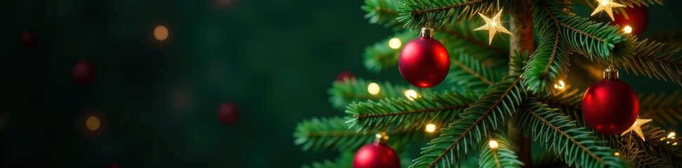 Elegant Christmas tree; deep green needles, accented by glossy red balls and shining stars , gold, holiday