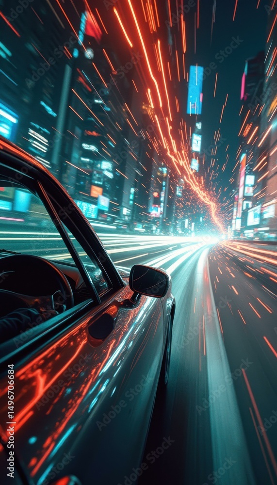 Aufkleber Dynamic perspective of a high-speed car journey through a vibrant cityscape with neon lights creating a futuristic effect