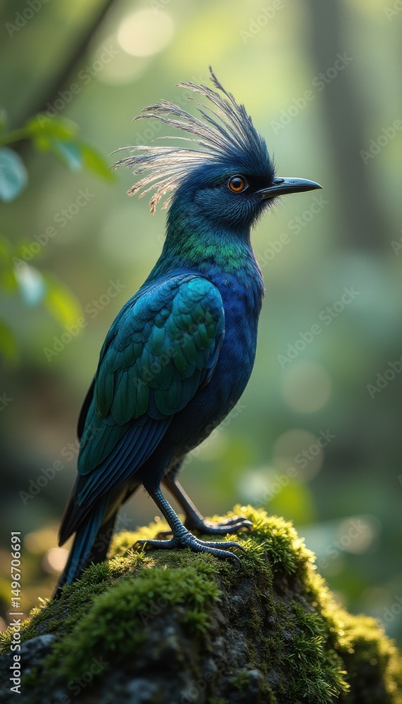Poster majestic iridescent bird with distinctive crest perched on a mossy rock in dappled sunlight