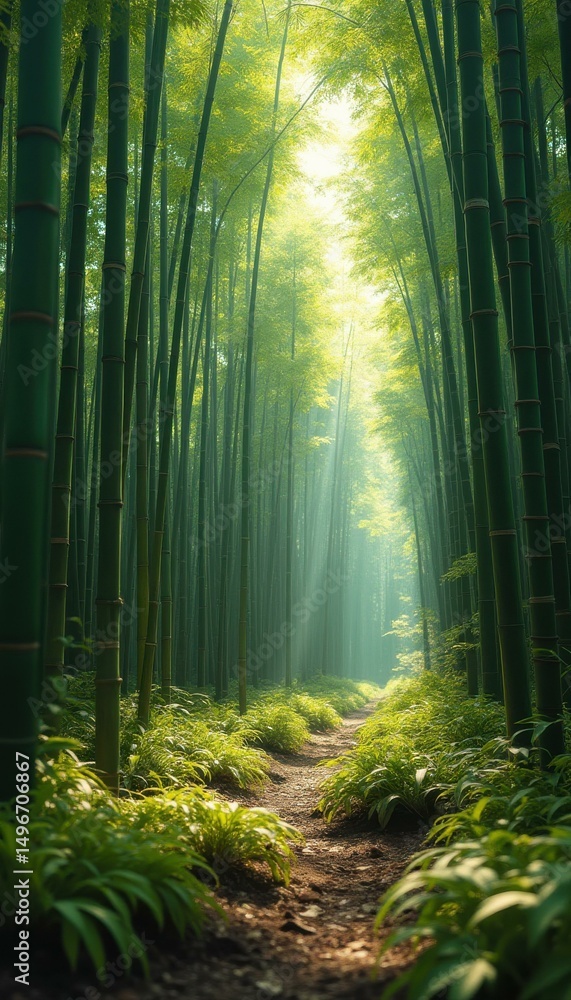 Aufkleber tranquil path through a lush bamboo forest with sunlight streaming through the canopy
