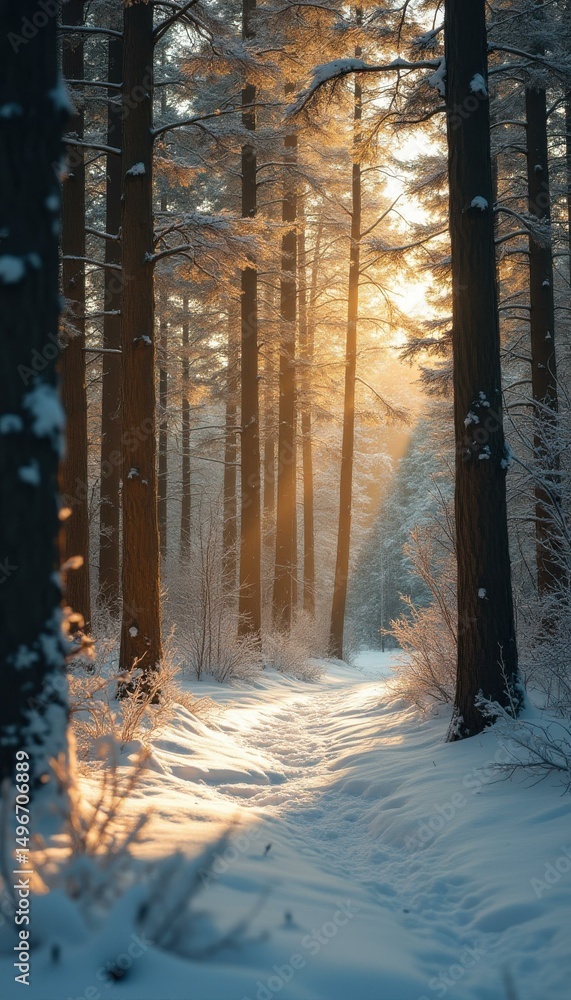 Leinwandbilder sunlight piercing through winter forest with snowy path and trees