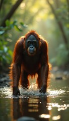 Obraz premium Orangutan wading through shallow stream in lush jungle setting with sunlit trees.