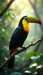 Fototapeta premium Colourful keel-billed toucan perching on a branch amidst a lush green forest, illuminated by the sun's rays
