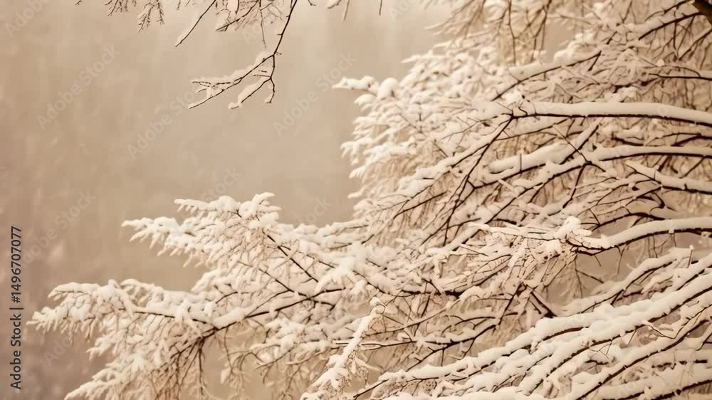 Poster snow-covered branches against a soft, hazy winter sky during a gentle snowfall, creating a serene an