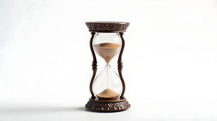 Hourglass on a white background with sand in a wooden antique design