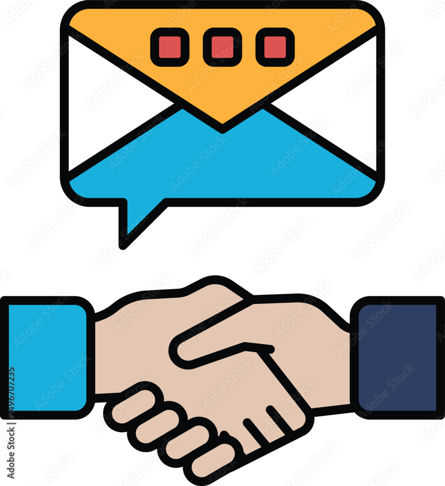 Poster A hand shaking another hand with a large envelope in the background